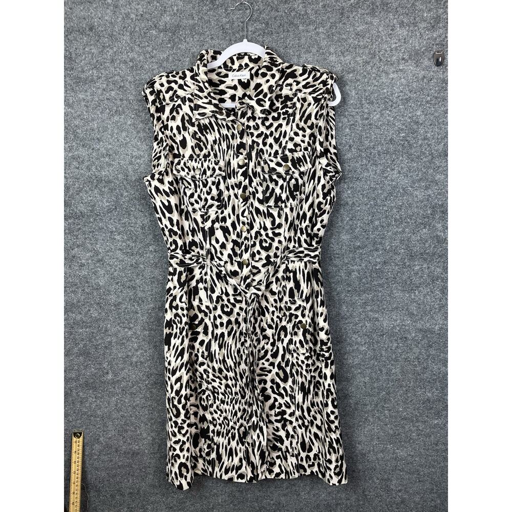 Calvin Klein Leopard Print‎ Sleeveless Dress Button Snap Belted Size 12-14